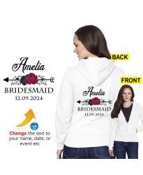 Personalised Bridesmaid Custom Text Name & Wedding Date With Floral Arrow Printed Adult Unisex Pullover Hoodie